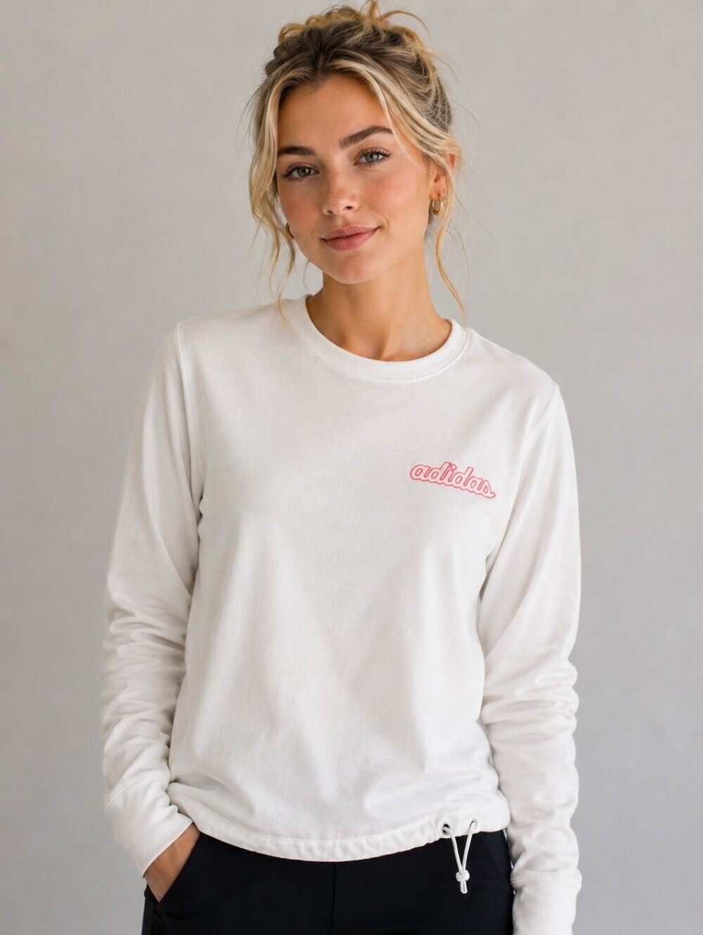 Adidas White Crewneck Sweatshirt Pink Logo Drawstring Hem Size Large Athleisure